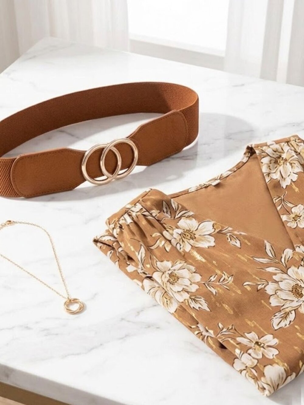 Ladies Brown Double Circle Stretch Belt - Picture 4 of 7